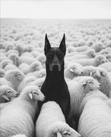 Dobermann unter Schafen – Schwarz-Weiß-Poster
