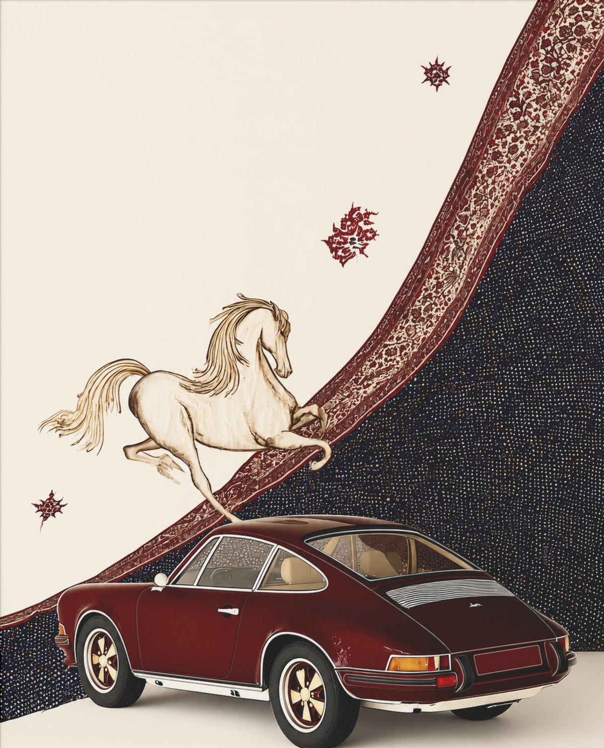 Vintage-Sportwagen & Pferd – Retro-Poster – Motiv in voller Größe