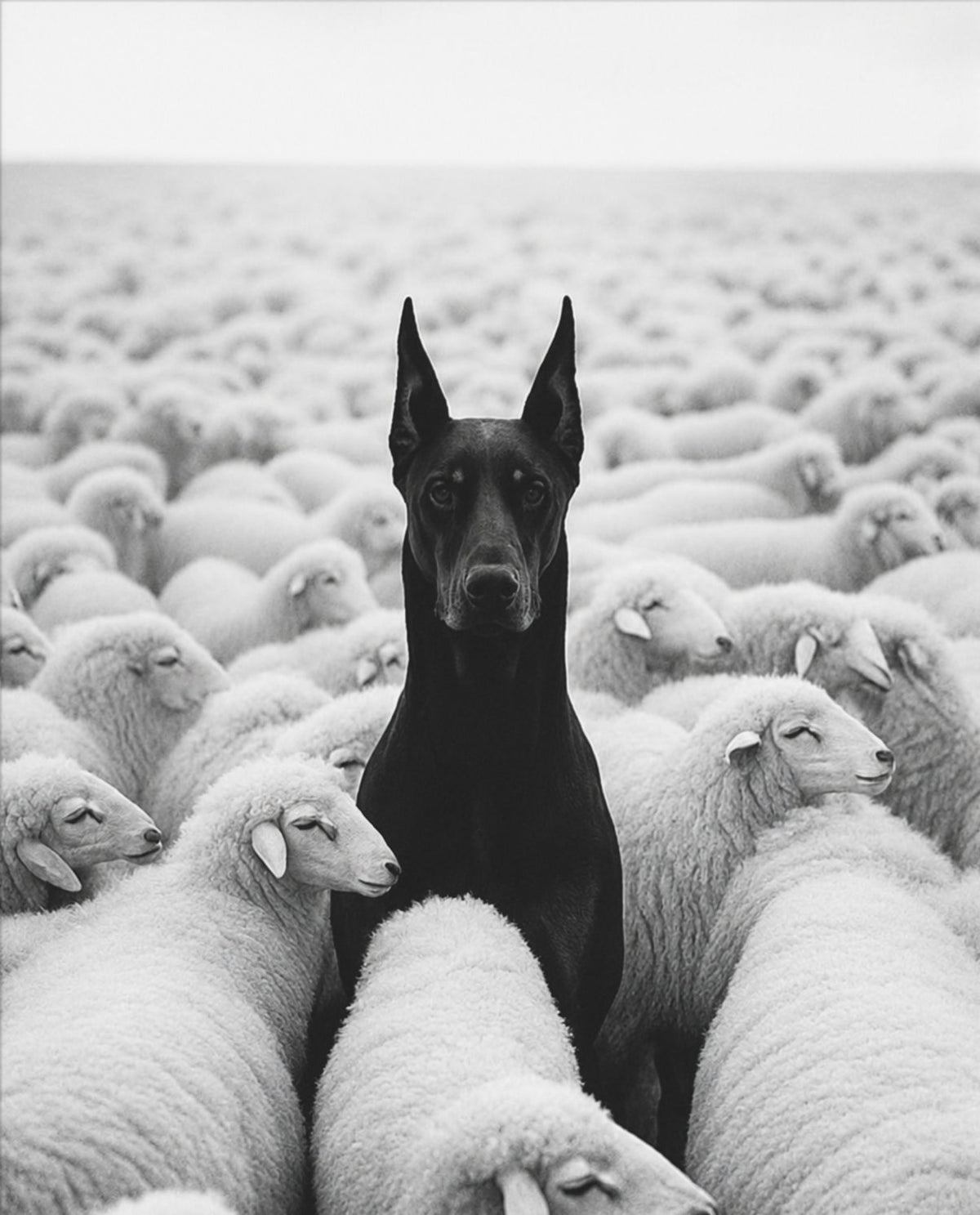 Dobermann unter Schafen – Schwarz-Weiß-Poster – Motiv in voller Größe